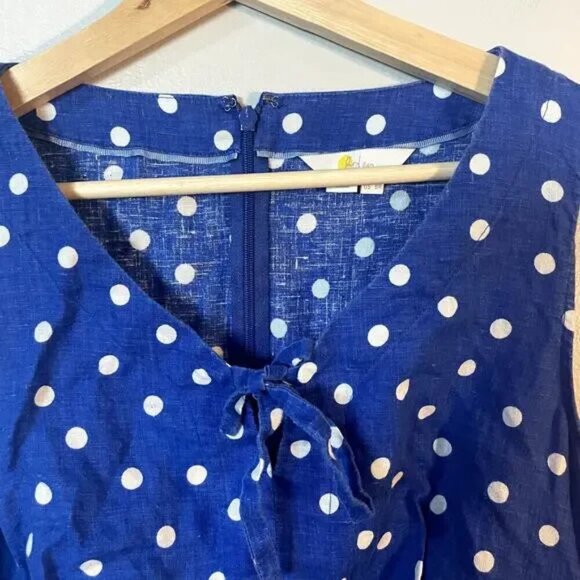 Boden Rae Linen Dress Blue & White Scattered Spot Polka Dot A-Line Dress SZ 8R - Picture 8 of 13